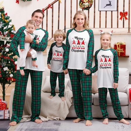 Christmas Family Photos Wearing Green Plaid Pyjamas With Gonk Print