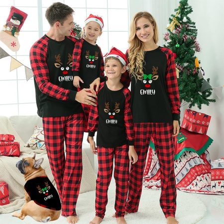 Happy Christmas Family Photo with reindeer christmas pjs with name
