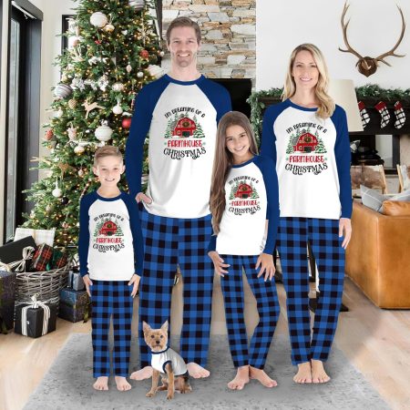 Dreaming Of A Farm House Matching Family Christmas Pyjamas Blue White