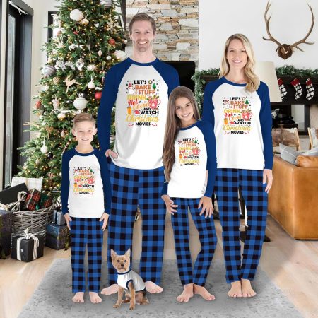Drink Hot Cocoa And Watch Movies Family Matching Christmas Pyjamas Blue White