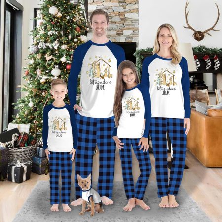 Let's Us Adore Him Family And Dog Matching Christmas Pyjamas Blue