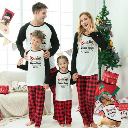 Personalised Believe Family Tartan Christmas Pyjamas 2024